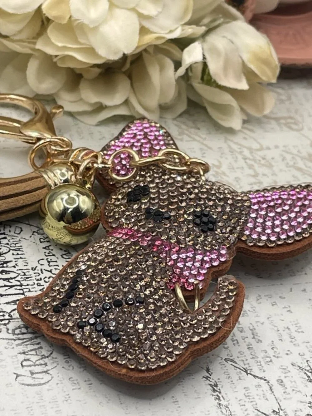 Bling Pink Brown Sparkling Rhinestone Chihuahua Keychain Gold Purse charm Gift